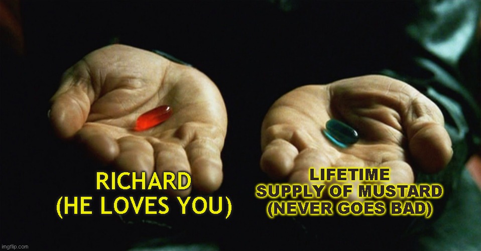 choose wisley | RICHARD
(HE LOVES YOU); LIFETIME SUPPLY OF MUSTARD
(NEVER GOES BAD) | image tagged in red pill blue pill | made w/ Imgflip meme maker