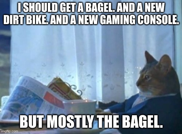 every day for me | I SHOULD GET A BAGEL. AND A NEW DIRT BIKE. AND A NEW GAMING CONSOLE. BUT MOSTLY THE BAGEL. | image tagged in memes,i should buy a boat cat | made w/ Imgflip meme maker