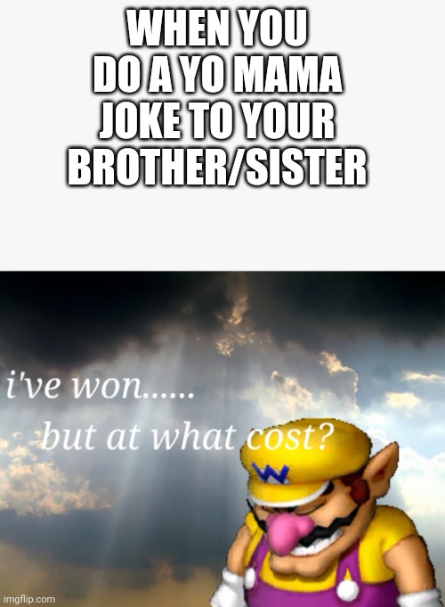 Same mom | WHEN YOU DO A YO MAMA JOKE TO YOUR BROTHER/SISTER | image tagged in i've won but at what cost,yo mama,ur mom gay,memes | made w/ Imgflip meme maker