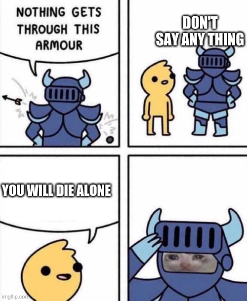 \_(._.)_/ | DON'T SAY ANY THING; YOU WILL DIE ALONE | image tagged in nothing gets through this armour | made w/ Imgflip meme maker