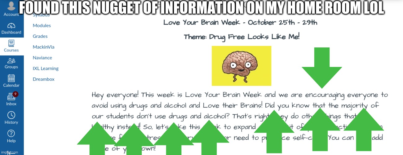 Schools be like | FOUND THIS NUGGET OF INFORMATION ON MY HOME ROOM LOL | image tagged in school,don't do drugs,alcohol | made w/ Imgflip meme maker