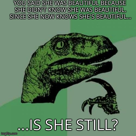 Philosoraptor Meme | YOU SAID SHE WAS BEAUTIFUL BECAUSE SHE DIDN'T KNOW SHE WAS BEAUTIFUL. SINCE SHE NOW KNOWS SHE'S BEAUTIFUL... ...IS SHE STILL? | image tagged in memes,philosoraptor | made w/ Imgflip meme maker