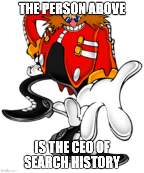Dr. Eggman | THE PERSON ABOVE; IS THE CEO OF SEARCH HISTORY | image tagged in dr eggman | made w/ Imgflip meme maker