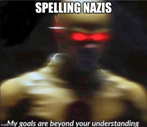 my goals are beyond your understanding | SPELLING NAZIS | image tagged in my goals are beyond your understanding | made w/ Imgflip meme maker