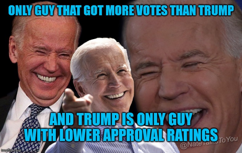 Joe Biden Laughing | ONLY GUY THAT GOT MORE VOTES THAN TRUMP; AND TRUMP IS ONLY GUY WITH LOWER APPROVAL RATINGS | image tagged in joe biden laughing | made w/ Imgflip meme maker