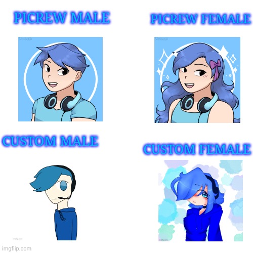 Which is your favorite? (I didn't make the customs) | PICREW FEMALE; PICREW MALE; CUSTOM MALE; CUSTOM FEMALE | image tagged in blank transparent square | made w/ Imgflip meme maker