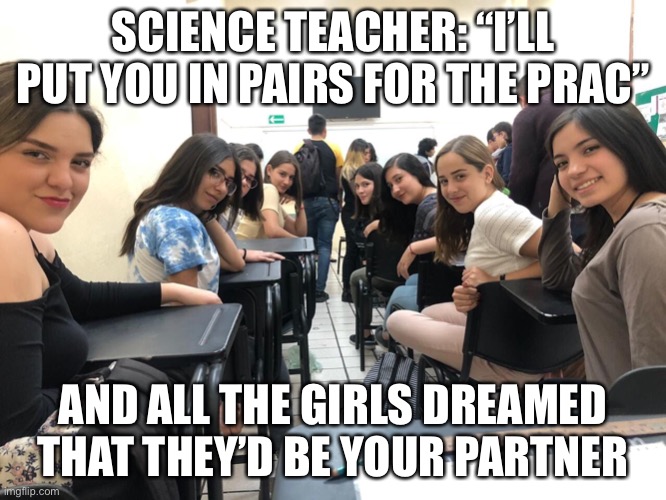 And all the girls dreamed that they’d be your partner | SCIENCE TEACHER: “I’LL PUT YOU IN PAIRS FOR THE PRAC”; AND ALL THE GIRLS DREAMED THAT THEY’D BE YOUR PARTNER | image tagged in girls in class looking back,dream,partners in crime,science | made w/ Imgflip meme maker