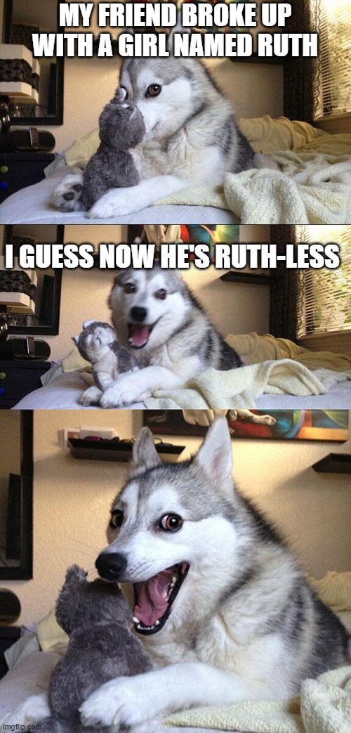 Ruth | MY FRIEND BROKE UP WITH A GIRL NAMED RUTH; I GUESS NOW HE'S RUTH-LESS | image tagged in memes,bad pun dog | made w/ Imgflip meme maker