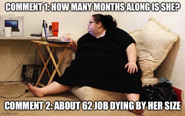 Pregnant or just mega obese? | COMMENT 1: HOW MANY MONTHS ALONG IS SHE? COMMENT 2: ABOUT 62 JOB DYING BY HER SIZE | image tagged in obese woman at computer,obesity,morbid obesity,super morbid obesity | made w/ Imgflip meme maker