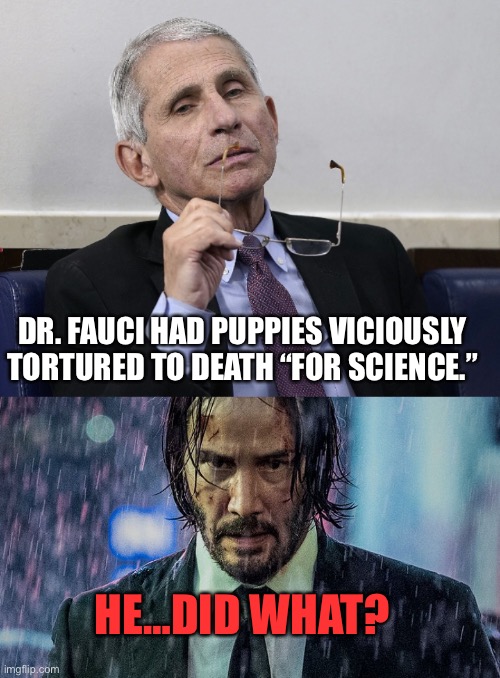 DR. FAUCI HAD PUPPIES VICIOUSLY TORTURED TO DEATH “FOR SCIENCE.”; HE…DID WHAT? | image tagged in dr fauci | made w/ Imgflip meme maker
