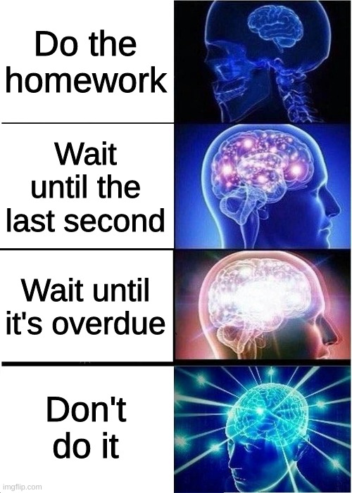 seriously, homework is stupid | Do the homework; Wait until the last second; Wait until it's overdue; Don't do it | image tagged in memes,expanding brain | made w/ Imgflip meme maker