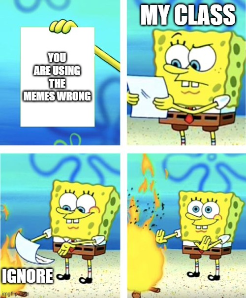 my class cant use memes right |  MY CLASS; YOU ARE USING THE MEMES WRONG; IGNORE | image tagged in spongebob burning paper,school | made w/ Imgflip meme maker