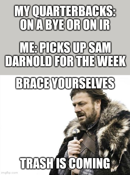 Darnold's Projection Of 19.27 Turned Into 3.44 |  MY QUARTERBACKS: ON A BYE OR ON IR; ME: PICKS UP SAM DARNOLD FOR THE WEEK; BRACE YOURSELVES; TRASH IS COMING | image tagged in memes,brace yourselves x is coming,sam darnold | made w/ Imgflip meme maker