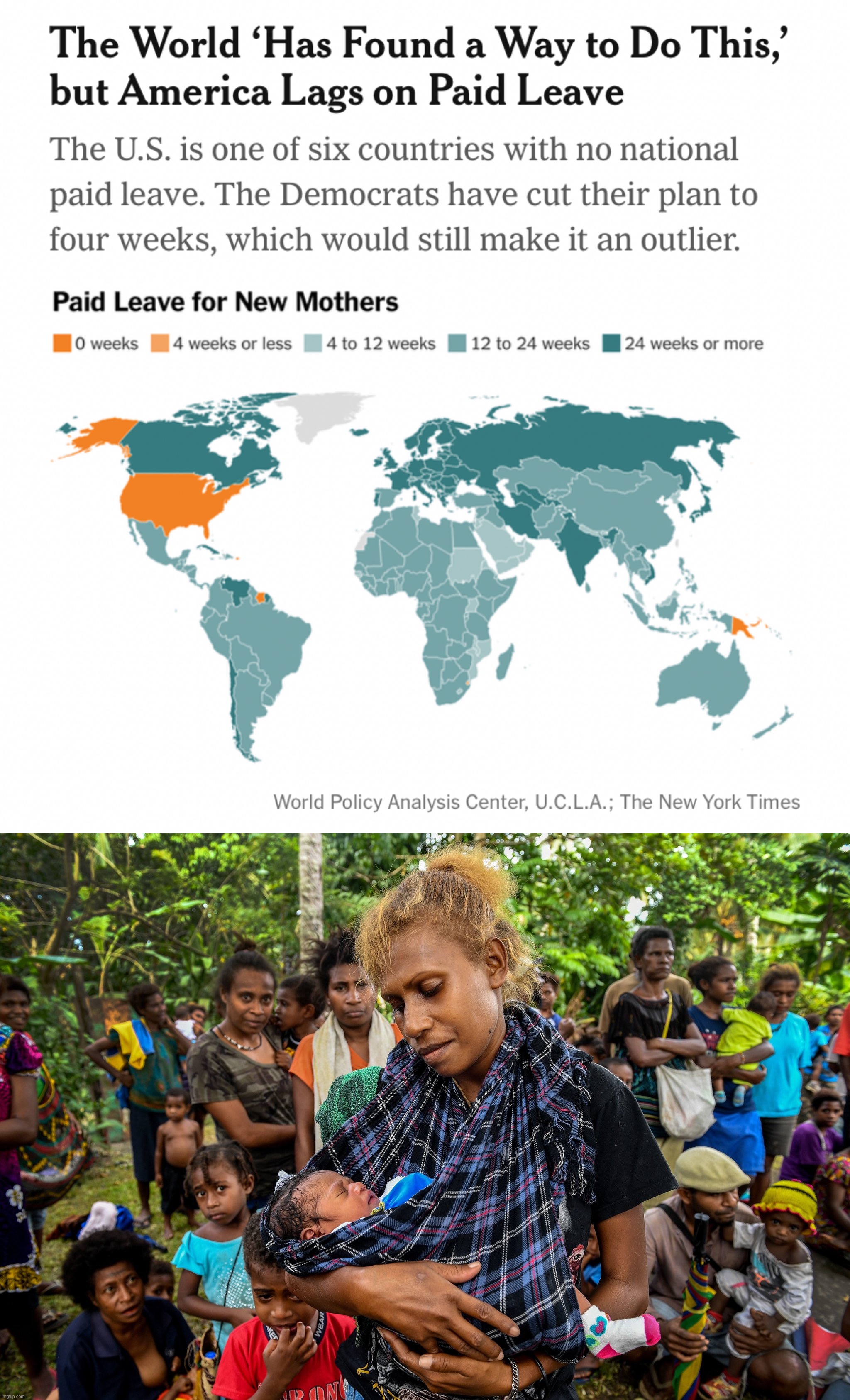 First World Problems? Try “Papua New Guinea problems” | image tagged in america paid leave,papua new guinea mother,first world problems,america,paid family leave,maternity | made w/ Imgflip meme maker