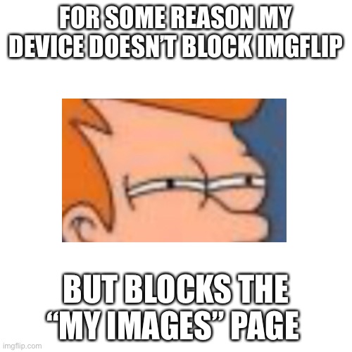 BLANK | FOR SOME REASON MY DEVICE DOESN’T BLOCK IMGFLIP; BUT BLOCKS THE “MY IMAGES” PAGE | image tagged in blank,image,images,memes,lol,oh wow are you actually reading these tags | made w/ Imgflip meme maker