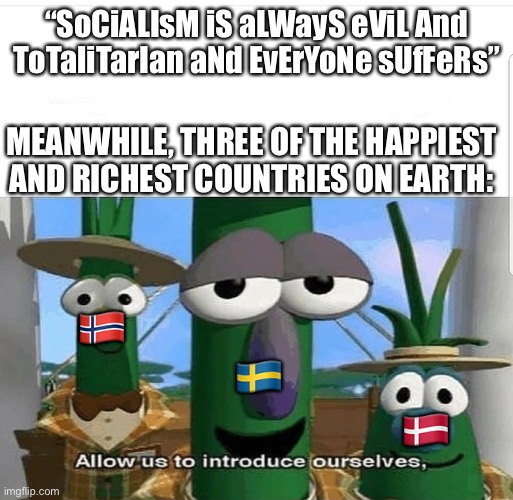 Allow us to introduce ourselves | “SoCiALIsM iS aLWayS eViL And ToTaliTarIan aNd EvErYoNe sUfFeRs”; MEANWHILE, THREE OF THE HAPPIEST AND RICHEST COUNTRIES ON EARTH:; 🇳🇴; 🇸🇪; 🇩🇰 | image tagged in allow us to introduce ourselves | made w/ Imgflip meme maker