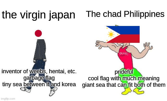 Virgin vs Chad | The chad Philippines; the virgin japan; prideful
cool flag with much meaning
giant sea that can fit both of them; inventor of weebs, hentai, etc.
garbage flag
tiny sea between it and korea | image tagged in virgin vs chad,chad,philippines,japan,country | made w/ Imgflip meme maker