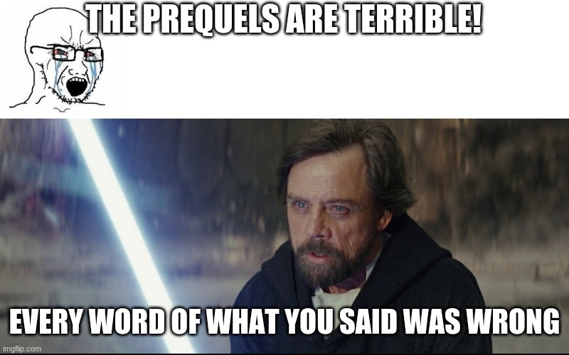 Amazing everything you just said said was wrong | THE PREQUELS ARE TERRIBLE! EVERY WORD OF WHAT YOU SAID WAS WRONG | image tagged in amazing everything you just said said was wrong | made w/ Imgflip meme maker