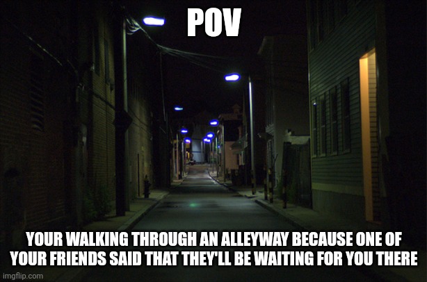 I finally got some ideas | POV; YOUR WALKING THROUGH AN ALLEYWAY BECAUSE ONE OF YOUR FRIENDS SAID THAT THEY'LL BE WAITING FOR YOU THERE | image tagged in dark alleyway | made w/ Imgflip meme maker