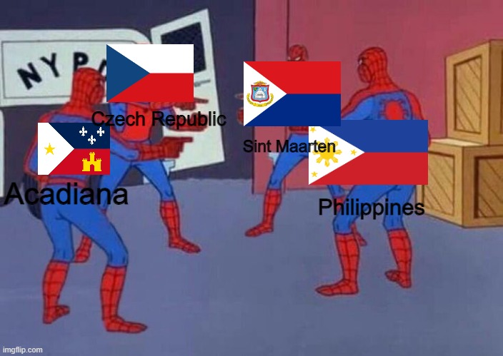 4 Horsemen of similarity | Czech Republic; Sint Maarten; Acadiana; Philippines | image tagged in 4 spiderman pointing at each other | made w/ Imgflip meme maker