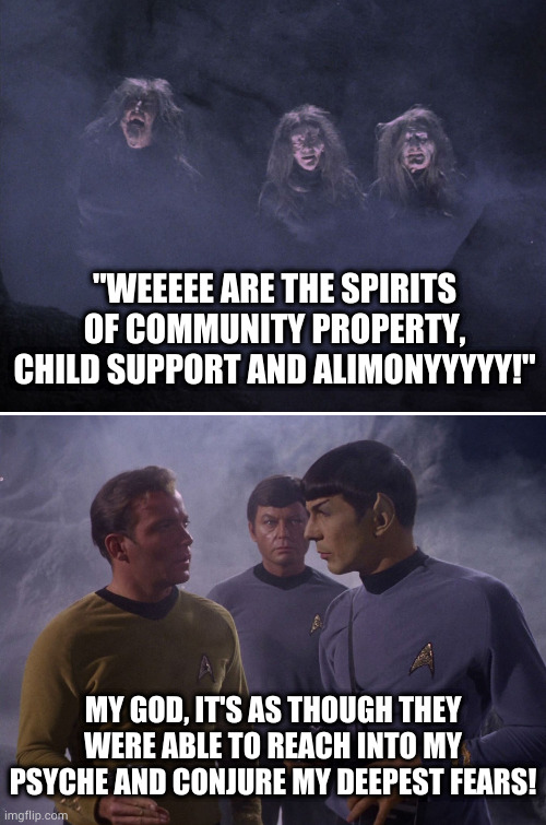 His interstellar baby mamas could break the Federation |  "WEEEEE ARE THE SPIRITS OF COMMUNITY PROPERTY, CHILD SUPPORT AND ALIMONYYYYY!"; MY GOD, IT'S AS THOUGH THEY WERE ABLE TO REACH INTO MY PSYCHE AND CONJURE MY DEEPEST FEARS! | image tagged in star trek catspaw halloween 1 | made w/ Imgflip meme maker