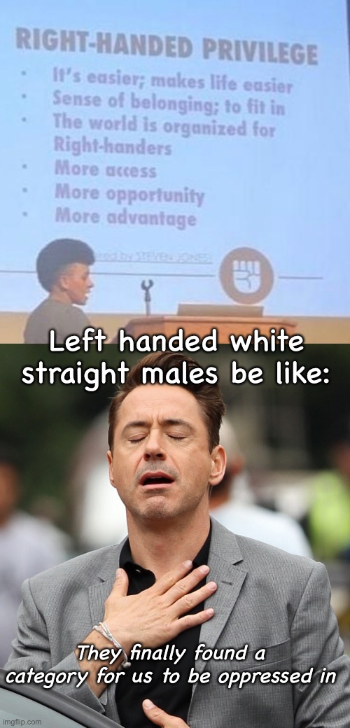 Right handed privilege | Left handed white straight males be like:; They finally found a category for us to be oppressed in | image tagged in relieved rdj,politics lol,memes | made w/ Imgflip meme maker