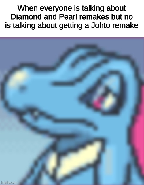 I really want one | When everyone is talking about Diamond and Pearl remakes but no is talking about getting a Johto remake | image tagged in totodile doubt | made w/ Imgflip meme maker