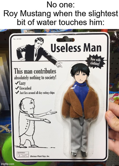 E | No one:
Roy Mustang when the slightest bit of water touches him: | image tagged in blank white template,useless man | made w/ Imgflip meme maker