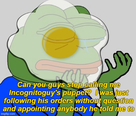 The SIMP | Can you guys stop calling me Incognitoguy's puppet?  I was just following his orders without question and appointing anybody he told me to | image tagged in rmk,pollard,attack ad,memechat empire,pollard is part of the problem | made w/ Imgflip meme maker