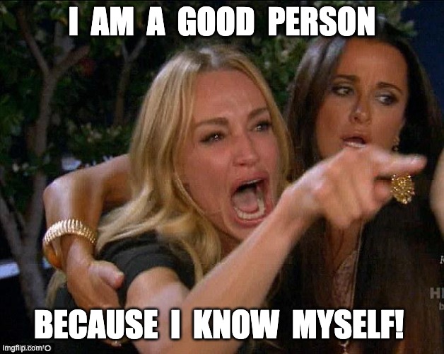 Good Person | I  AM  A  GOOD  PERSON; BECAUSE  I  KNOW  MYSELF! | image tagged in women,blonde,crazy,funny memes,first world problems,scumbag | made w/ Imgflip meme maker