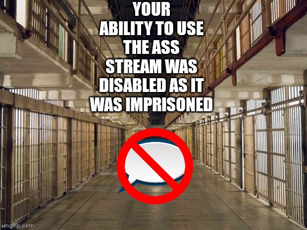 Notice to weebs |  YOUR ABILITY TO USE THE ASS STREAM WAS DISABLED AS IT WAS IMPRISONED | image tagged in prison | made w/ Imgflip meme maker