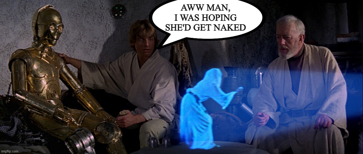 Not That Kinda Message Son | AWW MAN, I WAS HOPING SHE'D GET NAKED | image tagged in star wars holo | made w/ Imgflip meme maker