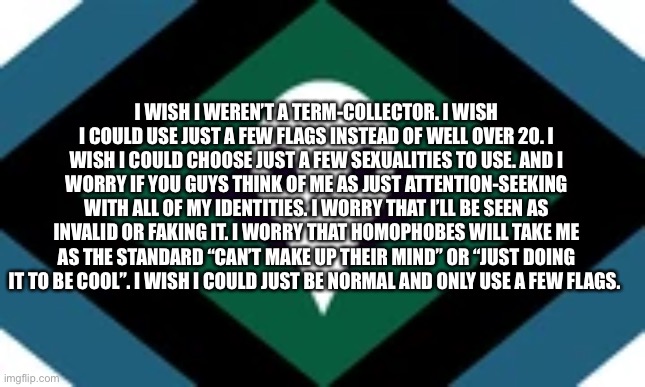 Identifying with 20+ flags isn’t as cool as it seems. Mini rant | I WISH I WEREN’T A TERM-COLLECTOR. I WISH I COULD USE JUST A FEW FLAGS INSTEAD OF WELL OVER 20. I WISH I COULD CHOOSE JUST A FEW SEXUALITIES TO USE. AND I WORRY IF YOU GUYS THINK OF ME AS JUST ATTENTION-SEEKING WITH ALL OF MY IDENTITIES. I WORRY THAT I’LL BE SEEN AS INVALID OR FAKING IT. I WORRY THAT HOMOPHOBES WILL TAKE ME AS THE STANDARD “CAN’T MAKE UP THEIR MIND” OR “JUST DOING IT TO BE COOL”. I WISH I COULD JUST BE NORMAL AND ONLY USE A FEW FLAGS. | made w/ Imgflip meme maker