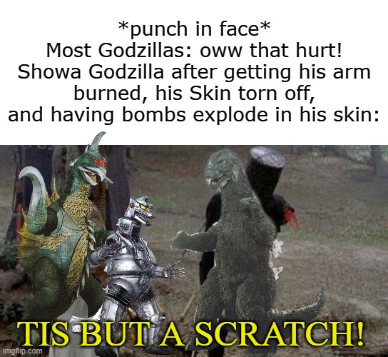 Showa Godzilla is OP | *punch in face*
Most Godzillas: oww that hurt!
Showa Godzilla after getting his arm burned, his Skin torn off, and having bombs explode in his skin:; TIS BUT A SCRATCH! | image tagged in tis but a scratch,godzilla,gigan,mechagodzilla | made w/ Imgflip meme maker