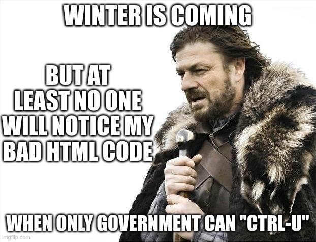 Is analyzing HTML code illegal? | WINTER IS COMING; BUT AT LEAST NO ONE WILL NOTICE MY BAD HTML CODE; WHEN ONLY GOVERNMENT CAN "CTRL-U" | image tagged in memes,brace yourselves x is coming | made w/ Imgflip meme maker