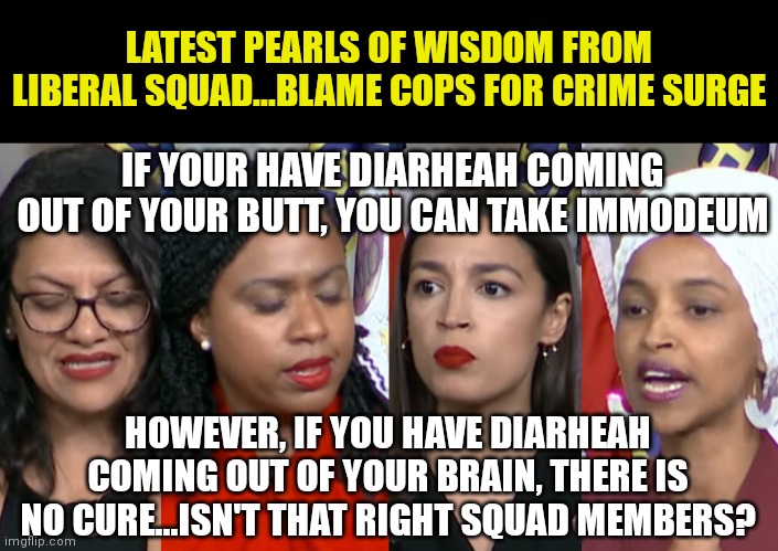 Stupid people are fun to laugh at. I understand that is wrong, but these clowns make it impossible to ignore. | LATEST PEARLS OF WISDOM FROM LIBERAL SQUAD...BLAME COPS FOR CRIME SURGE; IF YOUR HAVE DIARHEAH COMING OUT OF YOUR BUTT, YOU CAN TAKE IMMODEUM; HOWEVER, IF YOU HAVE DIARHEAH COMING OUT OF YOUR BRAIN, THERE IS NO CURE...ISN'T THAT RIGHT SQUAD MEMBERS? | image tagged in liberal logic,stupid people,squad | made w/ Imgflip meme maker