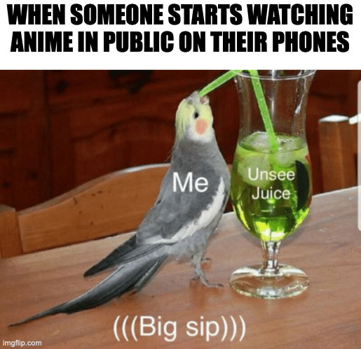 Annoying | WHEN SOMEONE STARTS WATCHING ANIME IN PUBLIC ON THEIR PHONES | image tagged in unsee juice | made w/ Imgflip meme maker