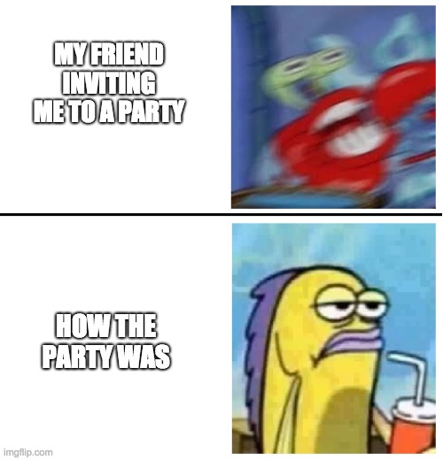 Excited vs Bored | MY FRIEND INVITING ME TO A PARTY; HOW THE PARTY WAS | image tagged in excited vs bored | made w/ Imgflip meme maker