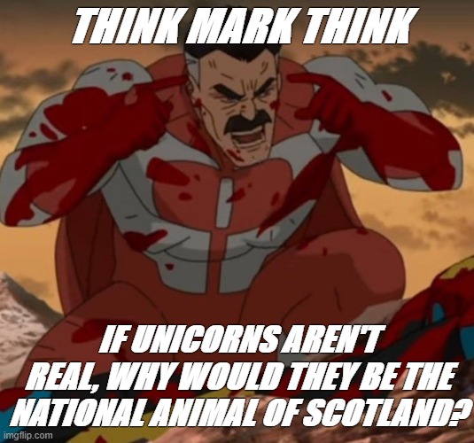 THINK MARK! THINK! | THINK MARK THINK; IF UNICORNS AREN'T REAL, WHY WOULD THEY BE THE NATIONAL ANIMAL OF SCOTLAND? | image tagged in think mark think | made w/ Imgflip meme maker