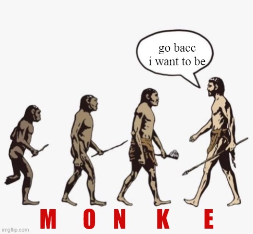 go back i want to be monke | go bacc i want to be; M      O    N       K        E | image tagged in evolution template | made w/ Imgflip meme maker