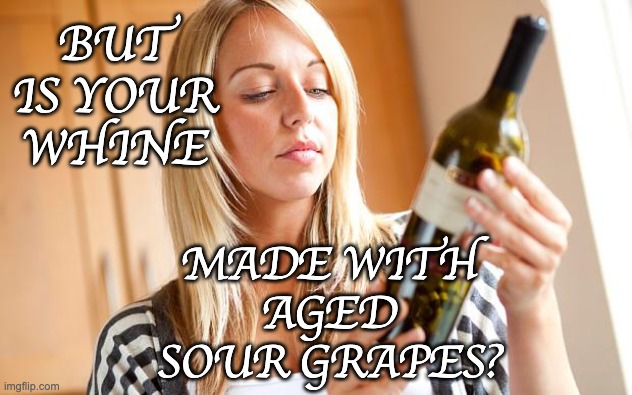 Drinking wine | BUT IS YOUR WHINE MADE WITH AGED SOUR GRAPES? | image tagged in drinking wine | made w/ Imgflip meme maker