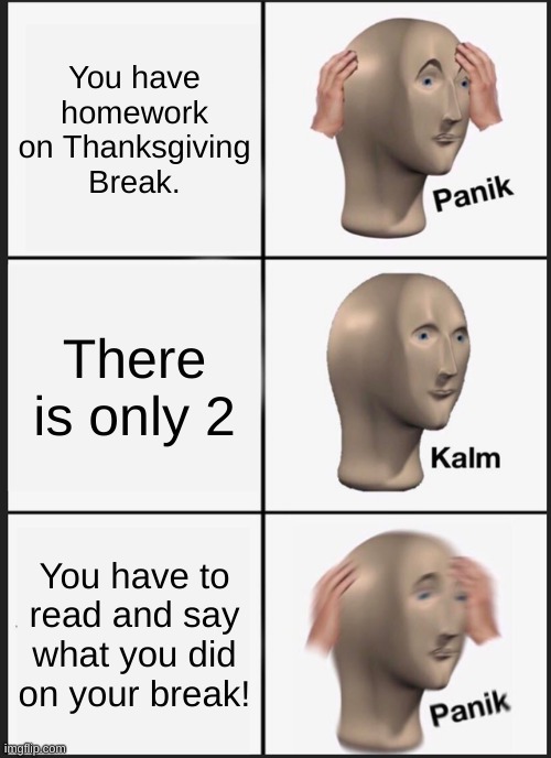 HoMe WoRk | You have homework on Thanksgiving Break. There is only 2; You have to read and say what you did on your break! | image tagged in memes,panik kalm panik | made w/ Imgflip meme maker