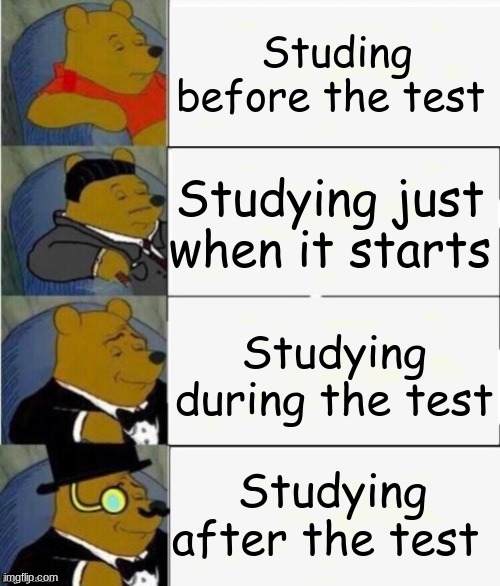 Yes yes i know its studying not studing | Studying before the test; Studying just when it starts; Studying during the test; Studying after the test | image tagged in tuxedo winnie the pooh 4 panel | made w/ Imgflip meme maker