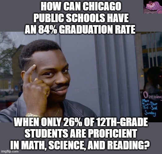 This is how you get a dumbed-down society that can be led by the elites. | HOW CAN CHICAGO PUBLIC SCHOOLS HAVE AN 84% GRADUATION RATE; WHEN ONLY 26% OF 12TH-GRADE STUDENTS ARE PROFICIENT IN MATH, SCIENCE, AND READING? | image tagged in memes,roll safe think about it | made w/ Imgflip meme maker