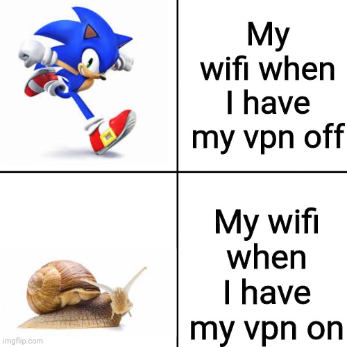 Sonic vs snail | My wifi when I have my vpn off; My wifi when I have my vpn on | image tagged in sonic vs snail | made w/ Imgflip meme maker