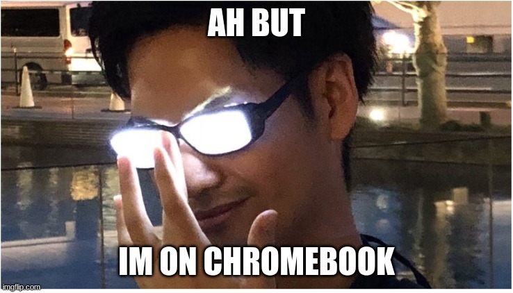 Guy with glowing glasses | AH BUT IM ON CHROMEBOOK | image tagged in guy with glowing glasses | made w/ Imgflip meme maker