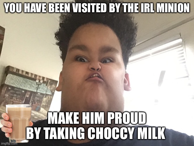 Minions irl | YOU HAVE BEEN VISITED BY THE IRL MINION; MAKE HIM PROUD BY TAKING CHOCCY MILK | image tagged in minions irl | made w/ Imgflip meme maker