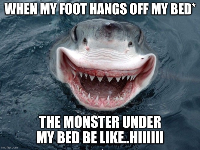 Happy Shark | WHEN MY FOOT HANGS OFF MY BED*; THE MONSTER UNDER MY BED BE LIKE..HIIIIII | image tagged in happy shark | made w/ Imgflip meme maker