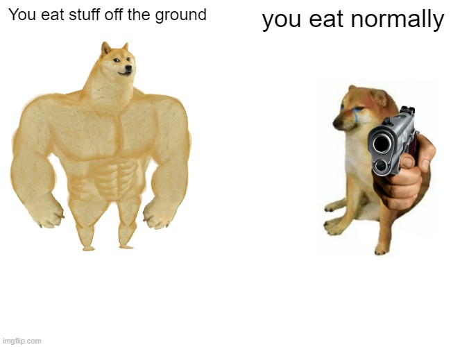 Buff Doge vs. Cheems |  You eat stuff off the ground; you eat normally | image tagged in memes,buff doge vs cheems | made w/ Imgflip meme maker