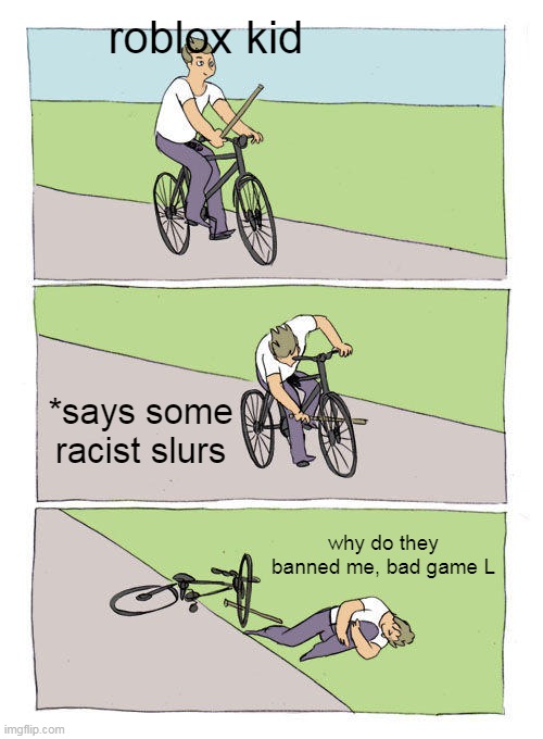 Bike Fall | roblox kid; *says some racist slurs; why do they banned me, bad game L | image tagged in memes,bike fall | made w/ Imgflip meme maker